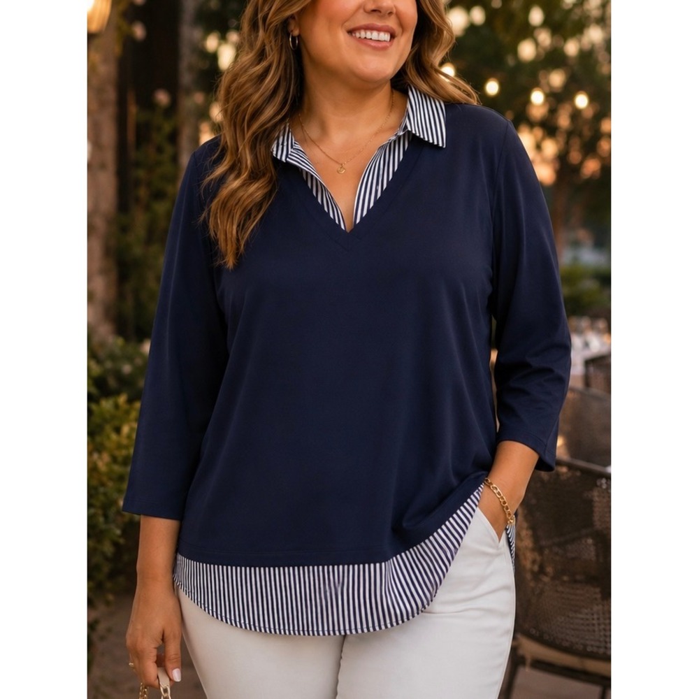 Adrianna Papell Womens Mixed Media Layered Top Navy Blue M Striped Preppy Office